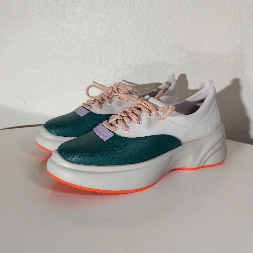 Melissa Ugly AD White/Teal Jelly Platform Plastic Sneakers Women's Size USA 9